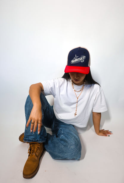 RED & NAVY WITH CREAM MESH TRUCKER HAT