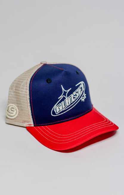 RED & NAVY WITH CREAM MESH TRUCKER HAT