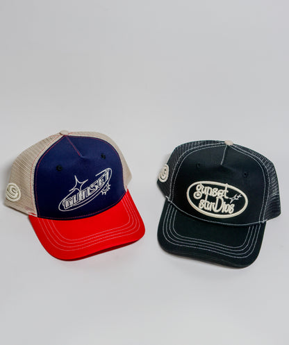 BLACK WITH WHITE STITCHING TRUCKER HAT