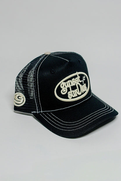BLACK WITH WHITE STITCHING TRUCKER HAT