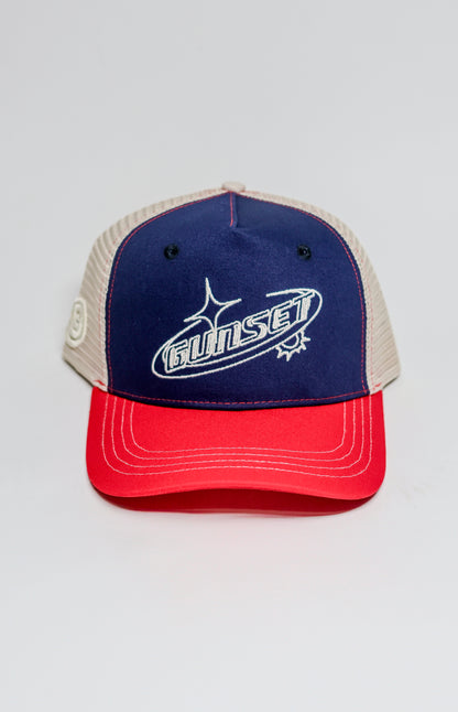 RED & NAVY WITH CREAM MESH TRUCKER HAT