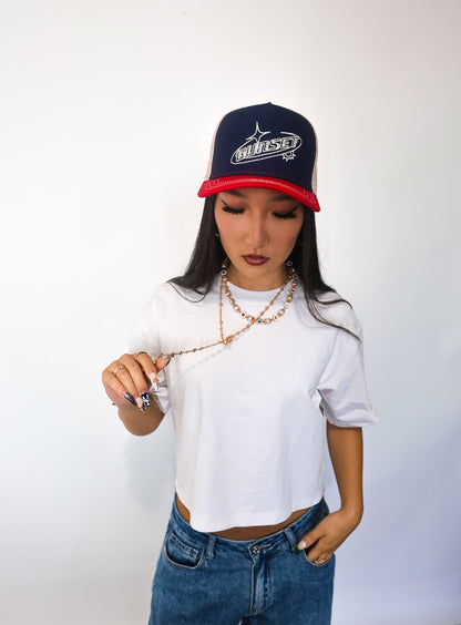 RED & NAVY WITH CREAM MESH TRUCKER HAT