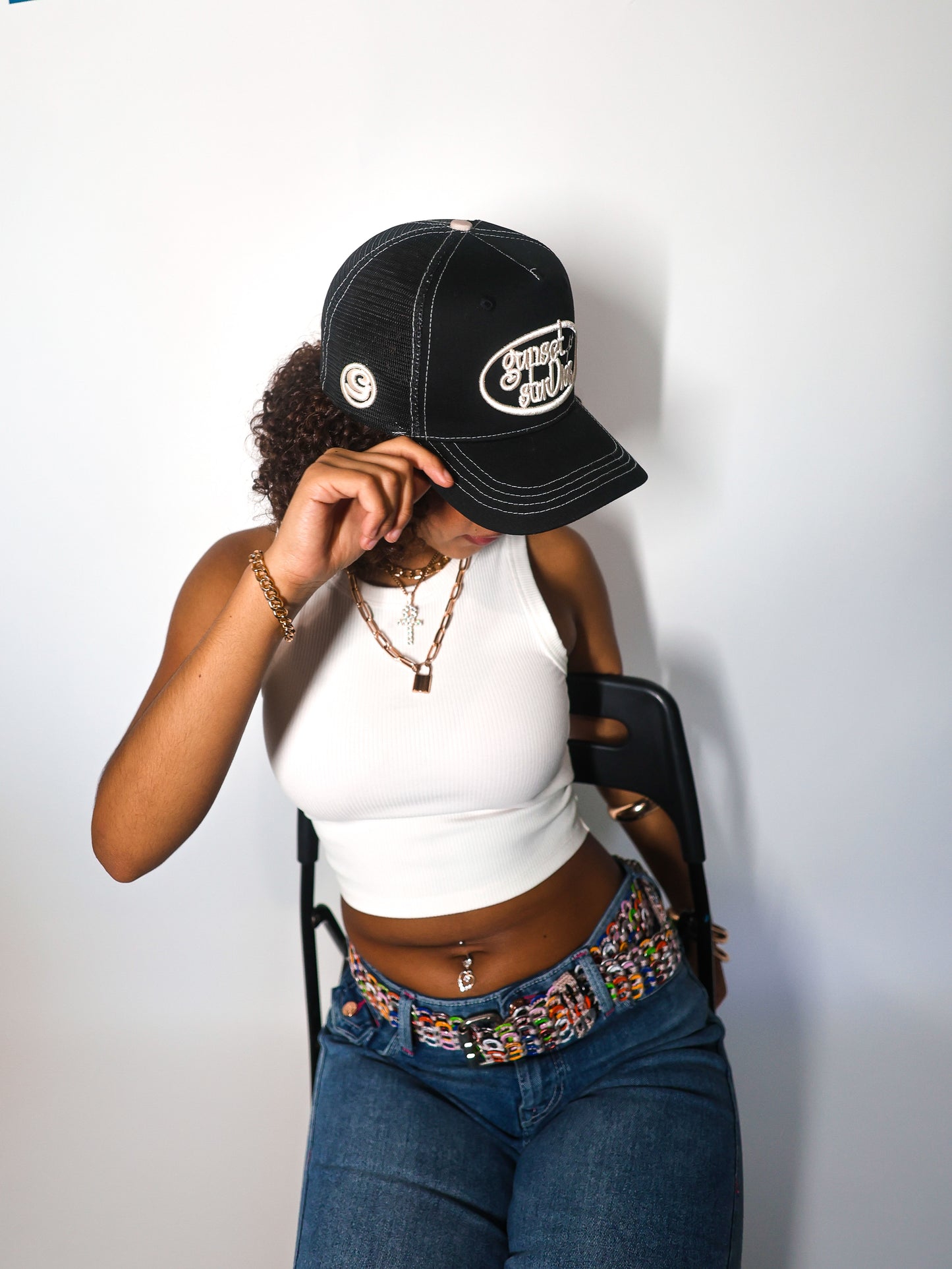 BLACK WITH WHITE STITCHING TRUCKER HAT