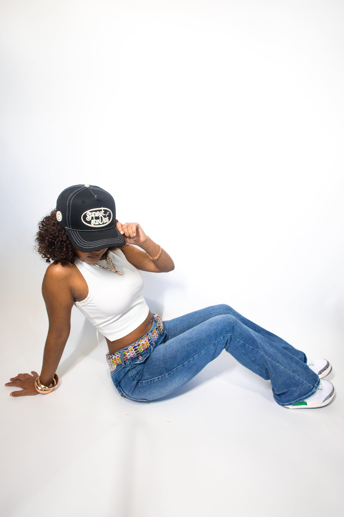 BLACK WITH WHITE STITCHING TRUCKER HAT